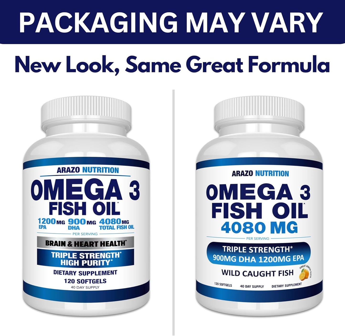 Arazo Nutrition Wild Caught Omega-3 Fish Oil Concentrate – 4,080mg per Serving – High EPA 1200mg & DHA 900mg – 120 Burpless Lemon Softgels Gsupps Australia