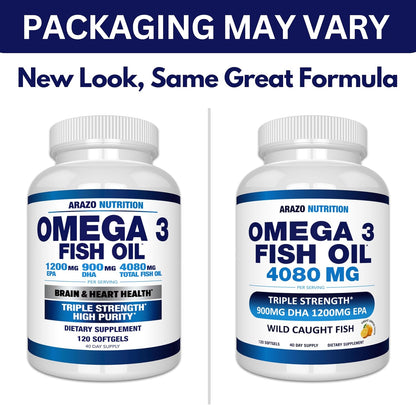 Arazo Nutrition Wild Caught Omega-3 Fish Oil Concentrate – 4,080mg per Serving – High EPA 1200mg & DHA 900mg – 120 Burpless Lemon Softgels Gsupps Australia