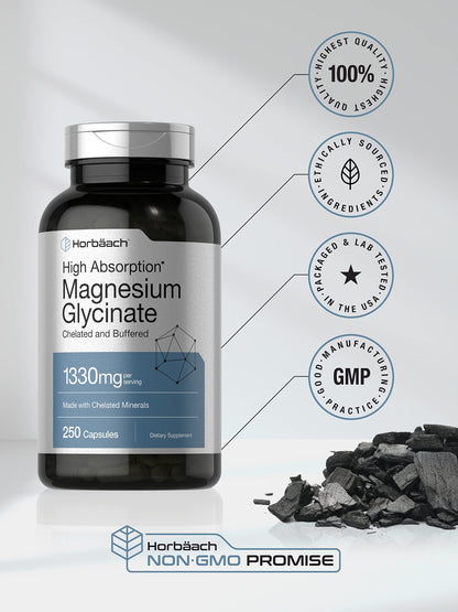 Horbaach Magnesium Glycinate 1330mg | 250 Capsules | Buffered with Chelated Minerals | 240 mg per Serving | Non-GMO, Gluten Free Supplement Horbäach