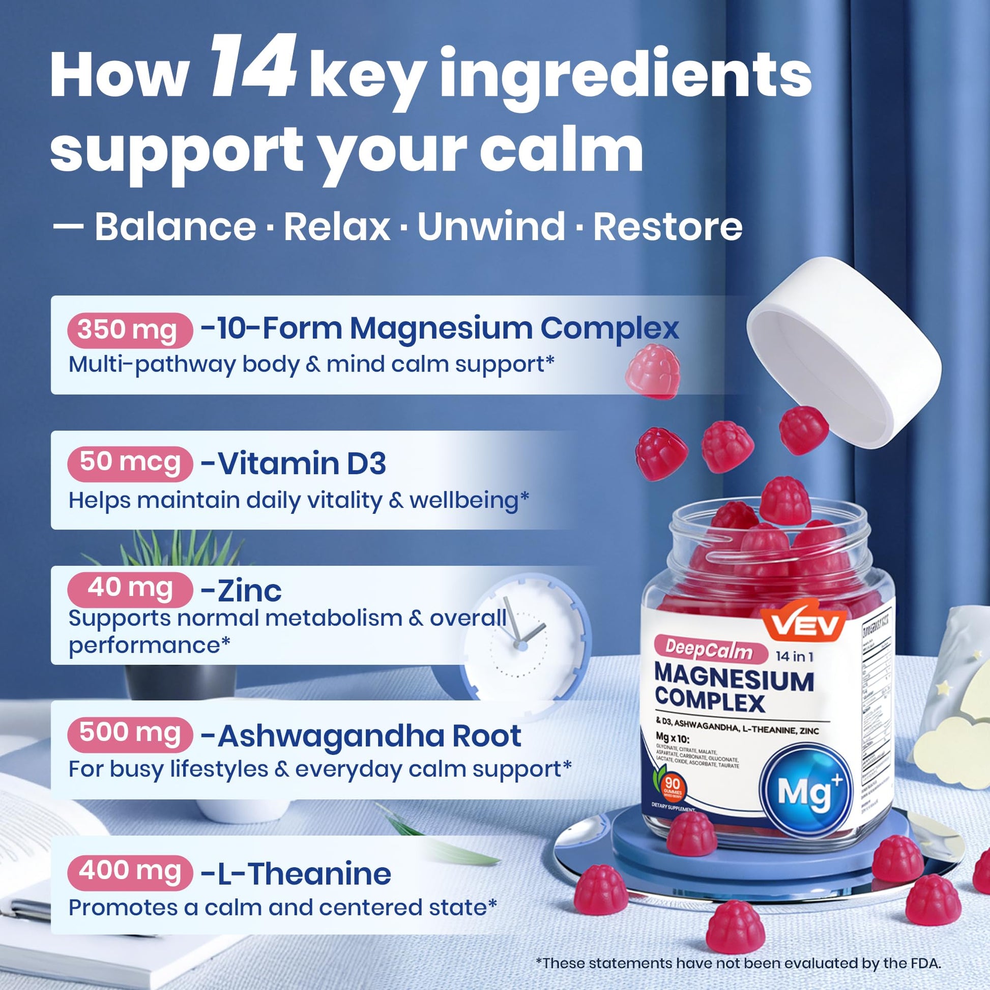 VEV Deep Calm Magnesium Complex 14-in-1 Gummies with Ashwagandha, L-Theanine, Vitamin D3 & Zinc for Women and Men, Vegan Magnesium Glycinate Gummies, 90 Gummies, Pack of 1 VEV buy australia supplements