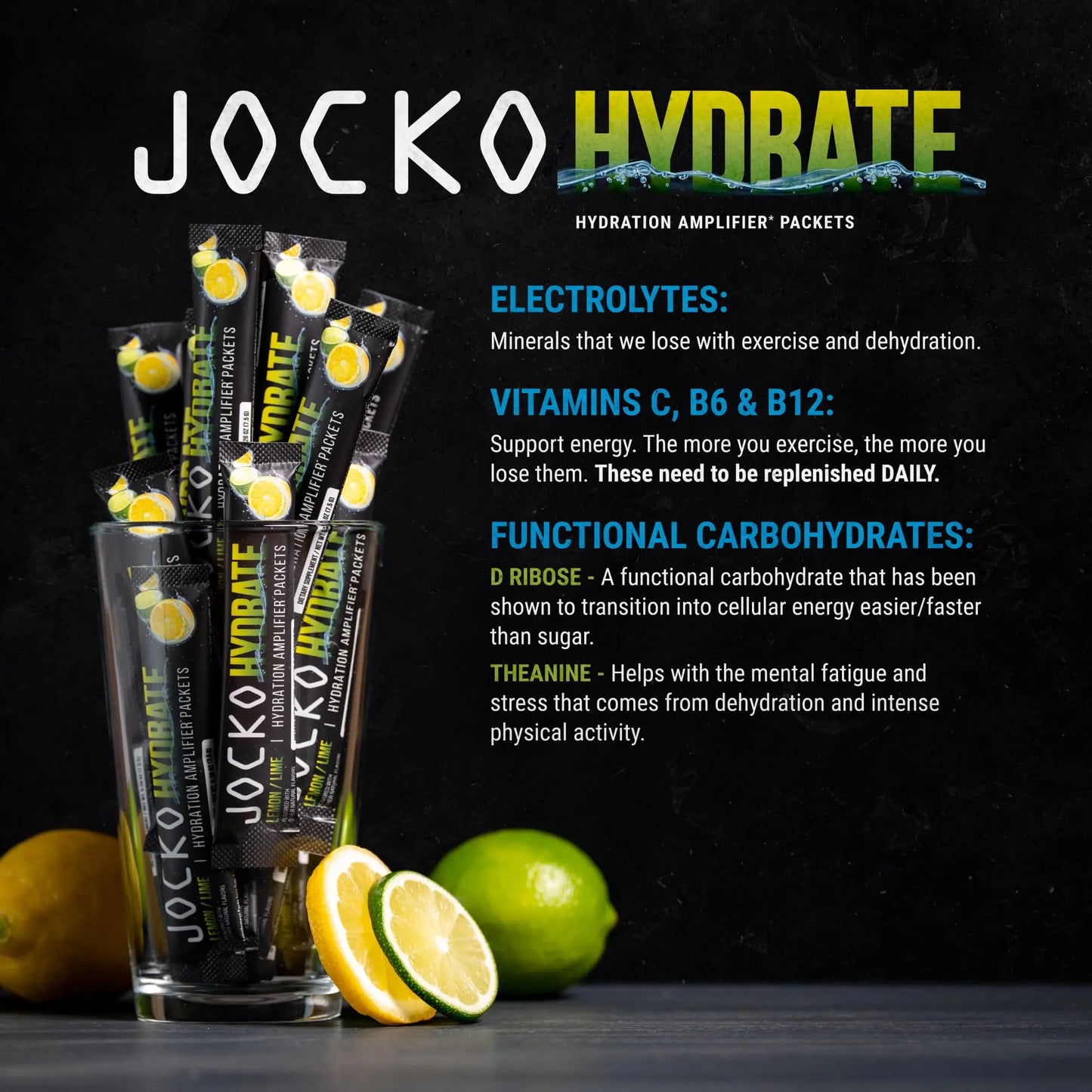 Jocko Fuel Packets Low Sugar - Hydration Amplifier Packets for Recovery, Dehydration, & Exercise - with Vitamins B6, B12 & C (16 Packets) Lemon Lime Jocko Fuel
