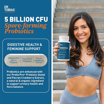 Dr. Tobias Probiotics for Women with Prebiotics & Cranberry Extract for Urinary Tract Health for Women | Supports Digestive & Immune Health - 5 Billion CFUs (60 Capsules, 30 Servings)