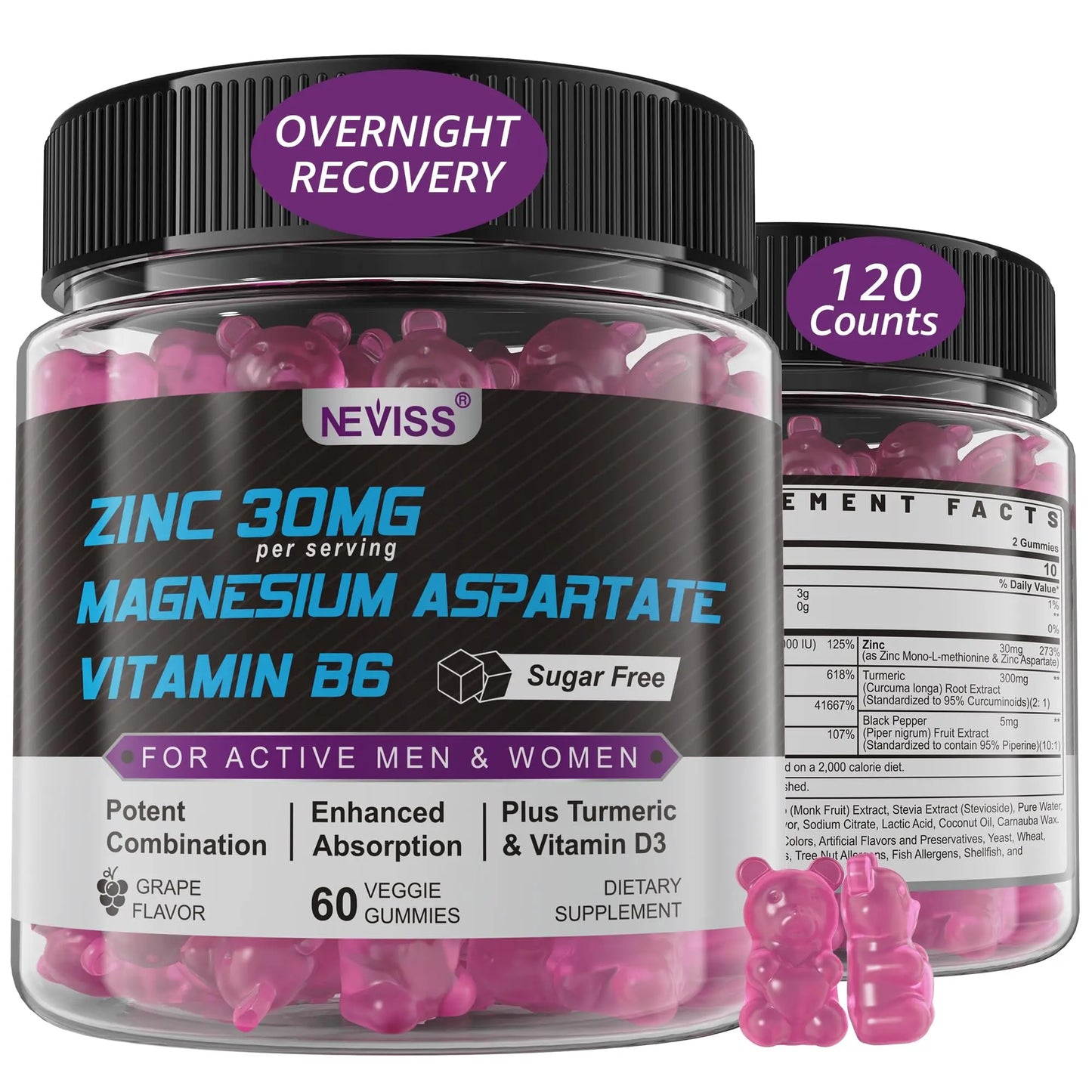 Zinc and Magnesium Supplement, Zinc Magnesium Aspartate Post Workout Gummies for Men Women, with Vitamin B6, B12, D3, Turmeric for Nighttime Recovery, Reduce Fatigue NEVISS