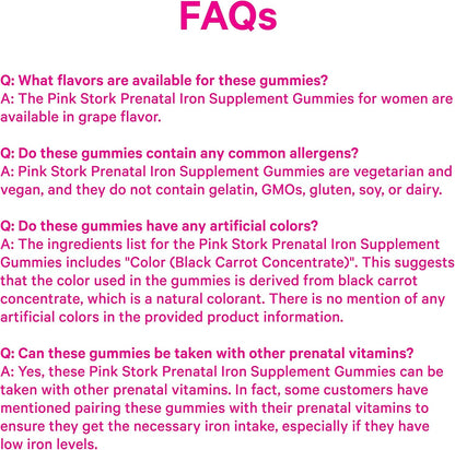 Pink Stork Prenatal Iron Supplement Gummies for Women, 20 mg, 60 Count | With Vitamin C for Absorption, Grape Flavor, Eases Iron Deficiency, Supports Energy + Oxygen Transport