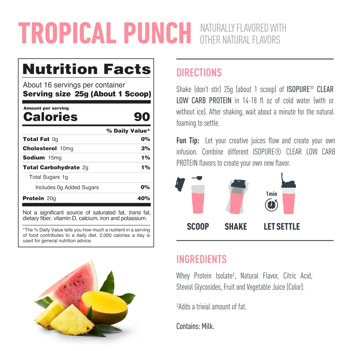 Isopure Clear Whey Isolate Protein Powder, Lactose Free, Gluten Free, Naturally Flavored, Tropical Punch, 20g Protein Per Serving, 14.1 Oz, 16 Servings (Packaging May Vary) Isopure