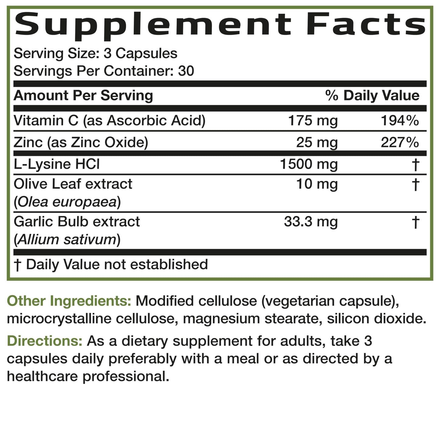 Bronson L-Lysine Defense Immune Support Complex 1500 MG L-Lysine Plus Olive Leaf, Garlic, Vitamin C and Zinc Bronson