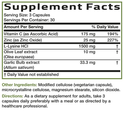 Bronson L-Lysine Defense Immune Support Complex 1500 MG L-Lysine Plus Olive Leaf, Garlic, Vitamin C and Zinc Bronson
