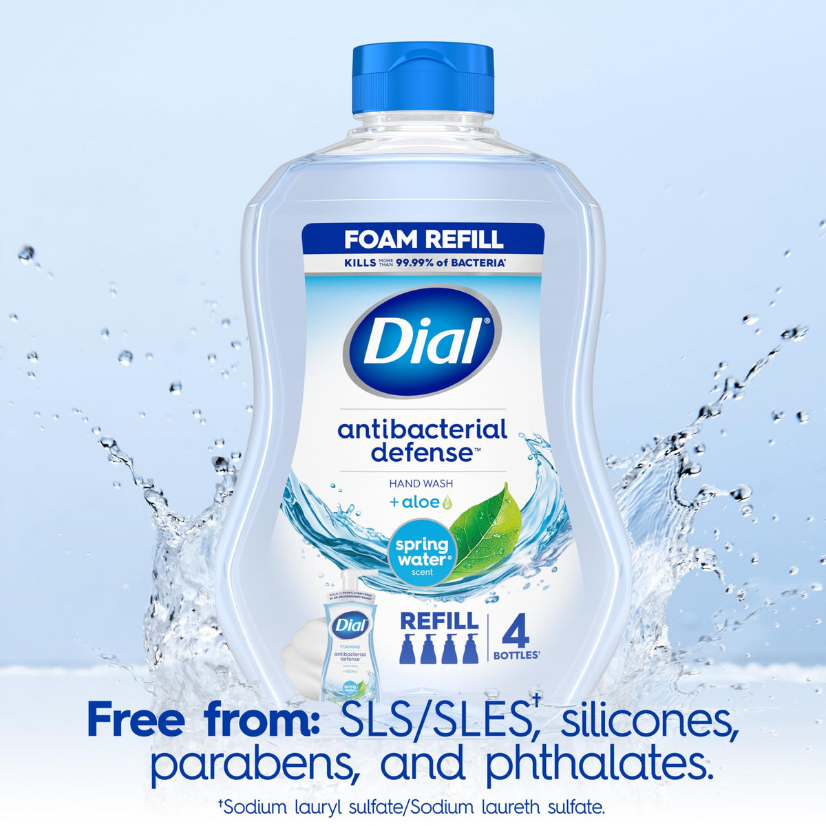 Dial Antibacterial Defense Foaming Hand Soap + Aloe, Spring Water Scent, 30 Fl Oz Hand Soap Refill (4 Pack), Dermatologist-Tested, Gentle on Skin Dial