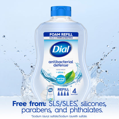Dial Antibacterial Defense Foaming Hand Soap + Aloe, Spring Water Scent, 30 Fl Oz Hand Soap Refill (4 Pack), Dermatologist-Tested, Gentle on Skin Dial