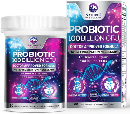 Probiotics for Digestive Gut Health - 100 Billion CFU Per Capsule, 16 Premium Strains & Prebiotics - Best Probiotics for Women & Men, Occasional Constipation Nature's Peak