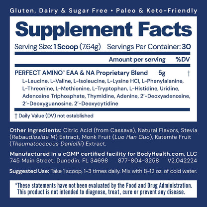 BodyHealth PerfectAmino Powder - EAA Powder for Pre and Post Workout - Amino Acid Energy Drink for Men and Women to Support Lean Muscle and Recovery - BodyHealth