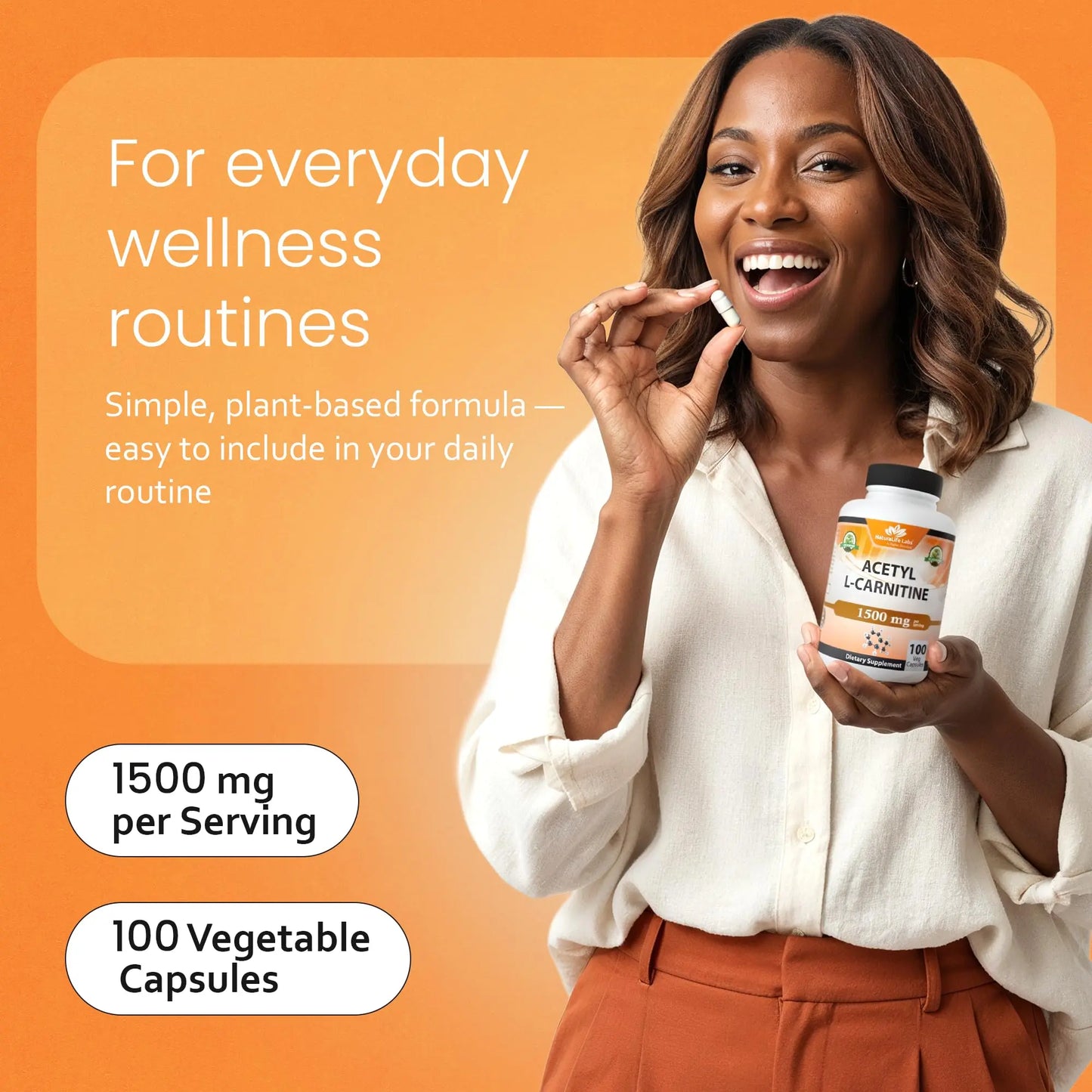 NaturaLife Labs Acetyl L-Carnitine (ALCAR) 1500 mg per Serving – 100 Capsules – Non-GMO, Gluten-Free, Vegan NaturaLife Labs