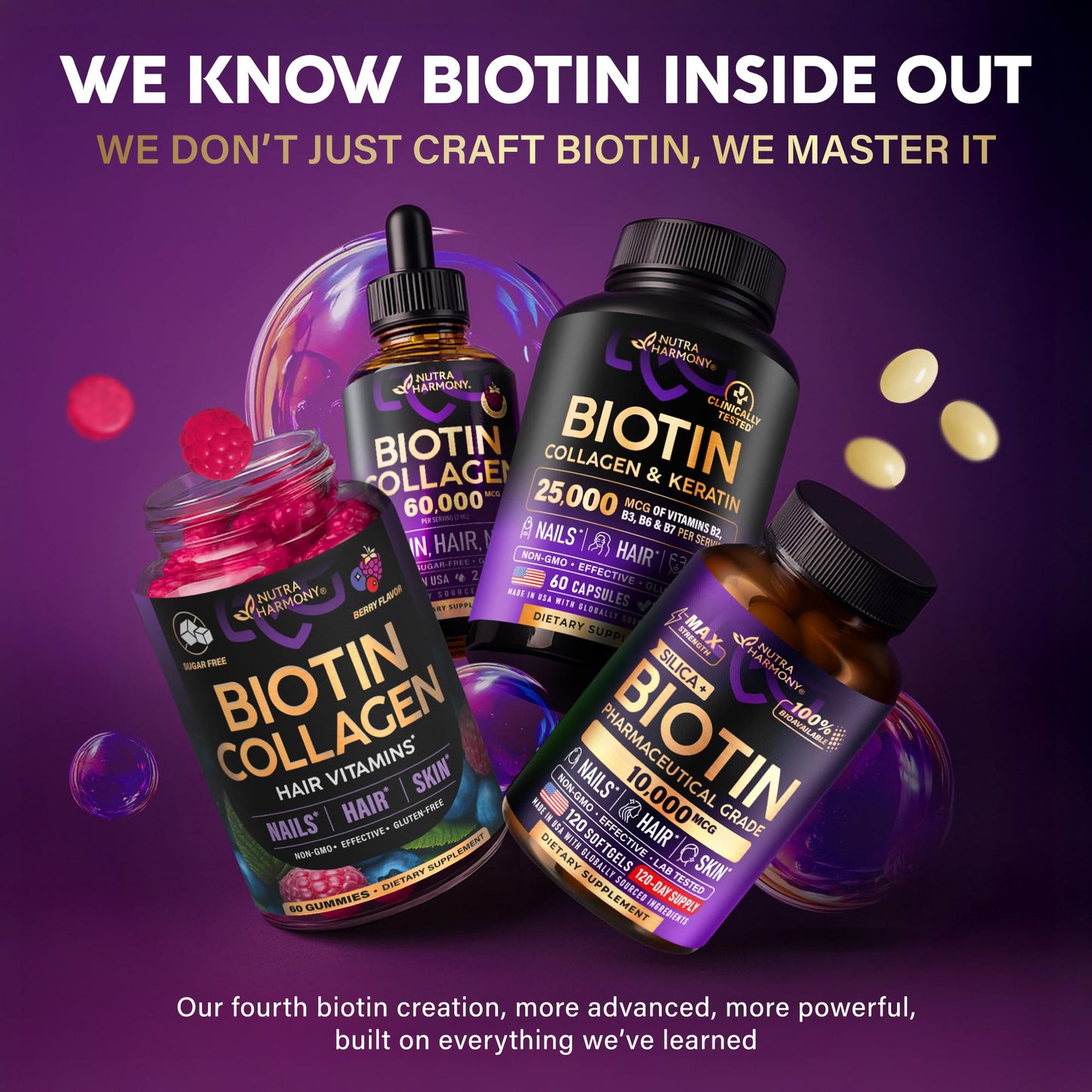 Biotin Gummies with Collagen - Hair Growth Support Skin, & Nail Strength - for Women & Men - Biotin 10000mcg | Keratin | Hyaluronic Acid | B-Complex | Saw Palmetto NUTRAHARMONY