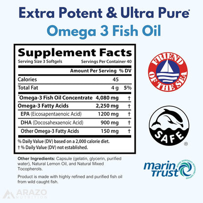 Arazo Nutrition Wild Caught Omega-3 Fish Oil Concentrate – 4,080mg per Serving – High EPA 1200mg & DHA 900mg – 120 Burpless Lemon Softgels Gsupps Australia