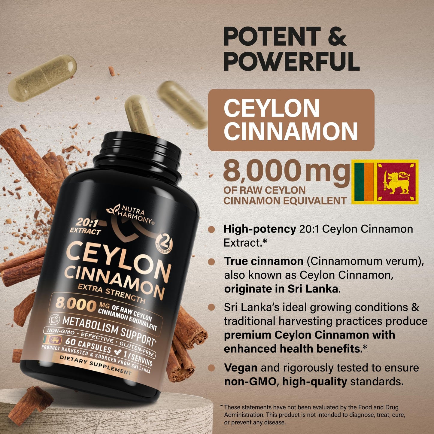Ceylon Cinnamon Capsules - Extra Strength - Energy Heart & Metabolism Support for Men & Women - Pure Natural Cinnamon 20:1 Extract Supplement NUTRAHARMONY