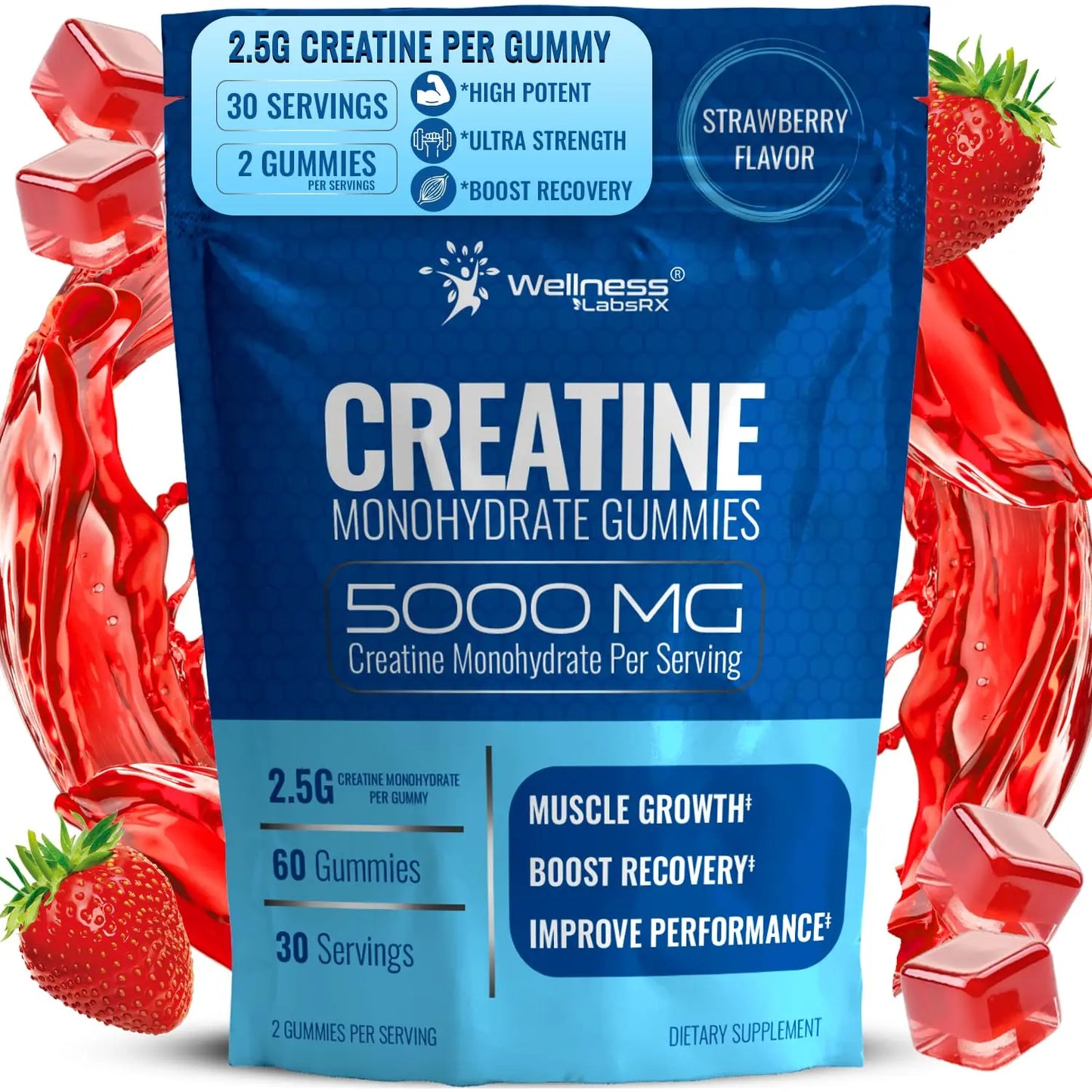 Creatine Gummies 5000mg, 30 Servings Creatine Monohydrate Gummies - Third-Party Tested Creatine for Women, Strawberry Flavor Creatine for Men, Muscle Growth, WELLNESS LABSRX