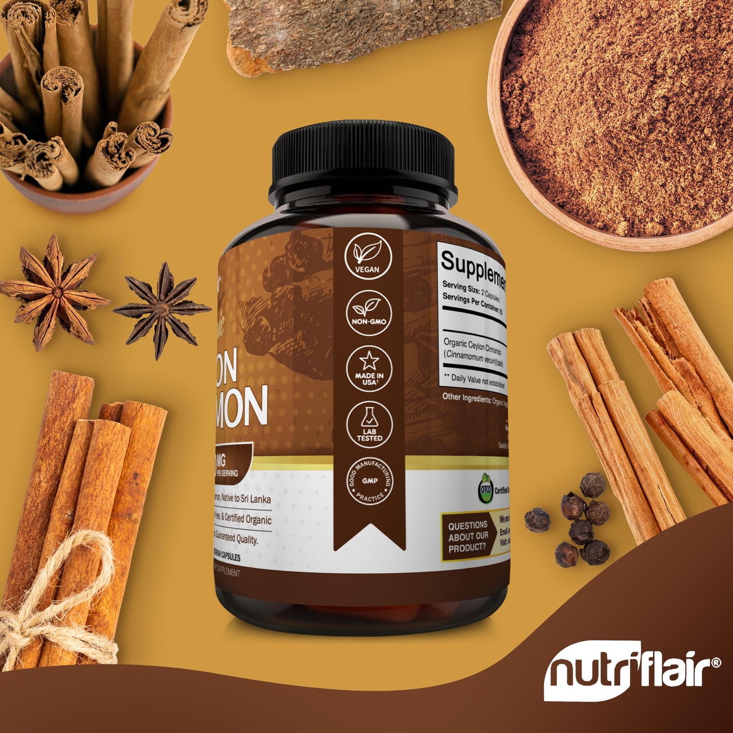 NutriFlair Organic Ceylon Cinnamon Supplement 1200mg, 120 Capsules - USDA Certified - Non-GMO, Gluten Free Powder, Antioxidant Pills NutriFlair
