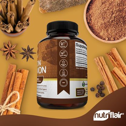 NutriFlair Organic Ceylon Cinnamon Supplement 1200mg, 120 Capsules - USDA Certified - Non-GMO, Gluten Free Powder, Antioxidant Pills NutriFlair