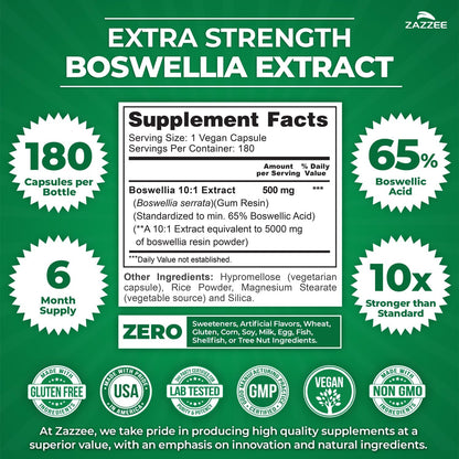 Zazzee Extra Strength Boswellia 10:1 Extract, 180 Capsules, 6 Month Supply | 65% Boswellic Acid, Vegan, Boswellia Serrata, Joint Comfort, Mobility & Flexibility Support, Non-GMO, Made in the USA Gsupps Australia