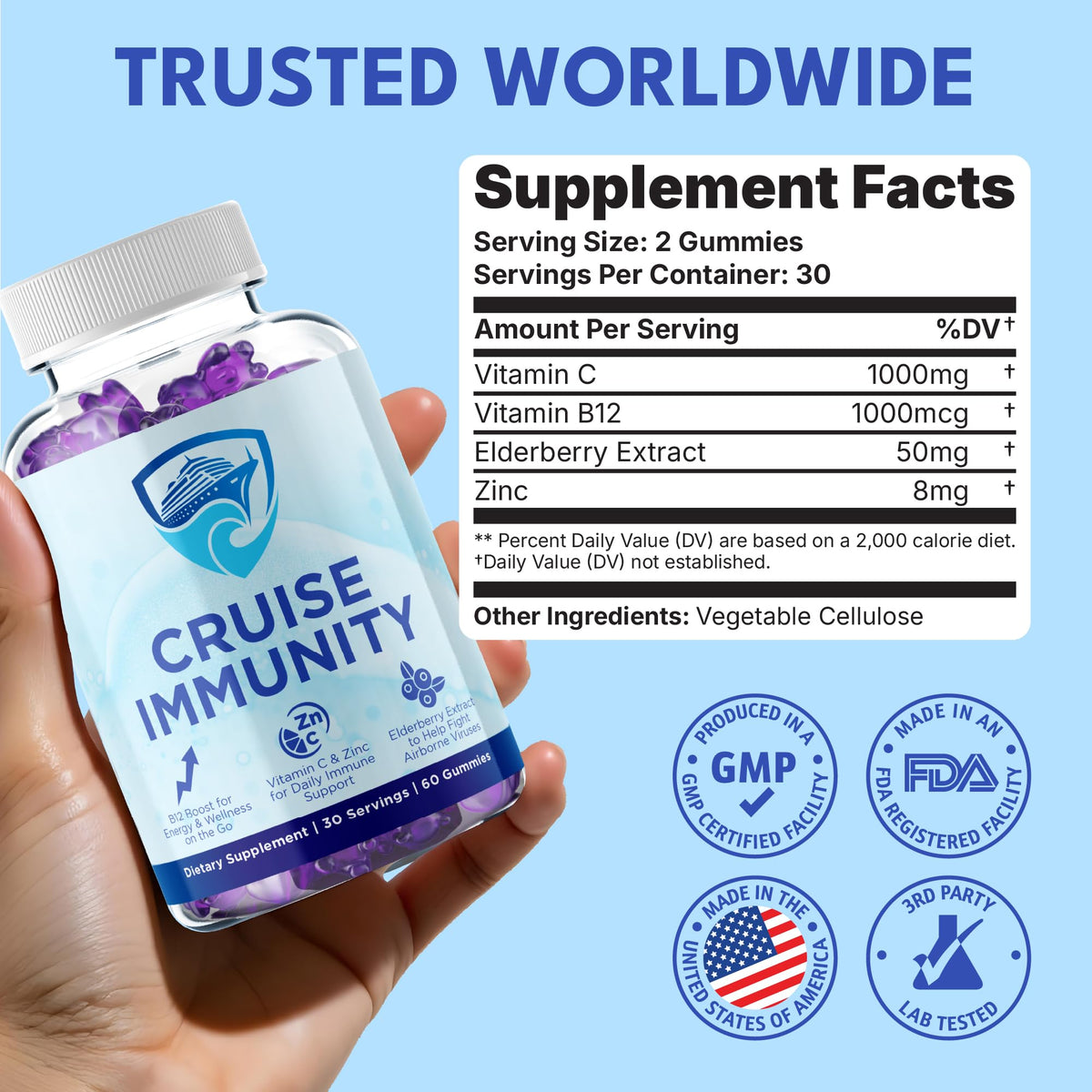 CRUISE IMMUNITY Immune Support Gummies for Cruisers with Vitamin C, B12, Zinc, Elderberry Extract, 60 Gummies, 30 Servings CRUISE IMMUNITY