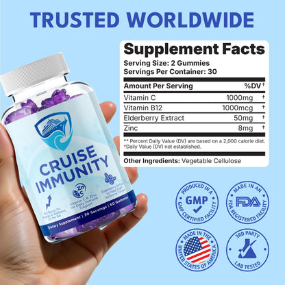 CRUISE IMMUNITY Immune Support Gummies for Cruisers with Vitamin C, B12, Zinc, Elderberry Extract, 60 Gummies, 30 Servings CRUISE IMMUNITY