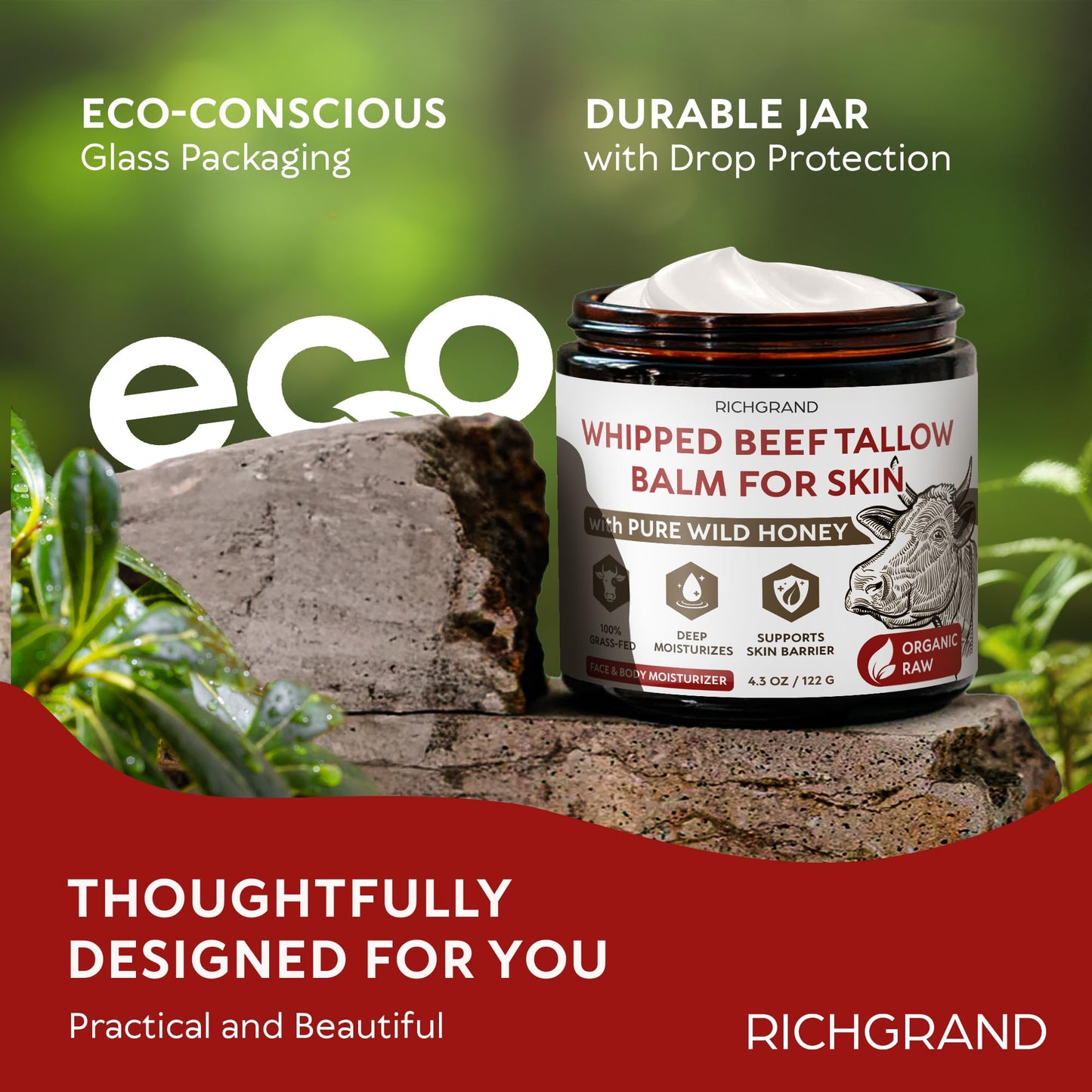RICHGRAND Beef Tallow for Skin - Whipped Tallow and Honey Balm - Grass Fed Beef Tallow for Face, Daily Moisturizer & Body Butter RICHGRAND