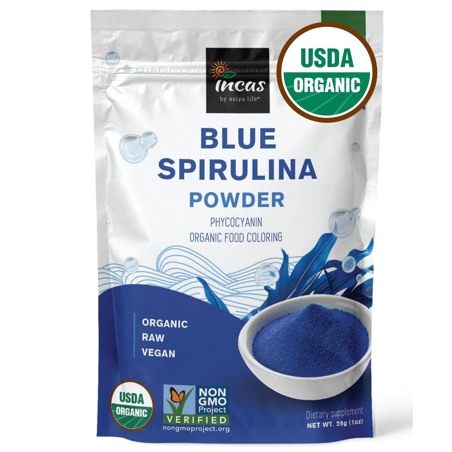USDA Organic Blue Spirulina Powder (Phycocyanin Extract), No Fishy Smell, 100% Vegan Protein from Blue-Green Algae, 28 Servings Incas by Asiya Life