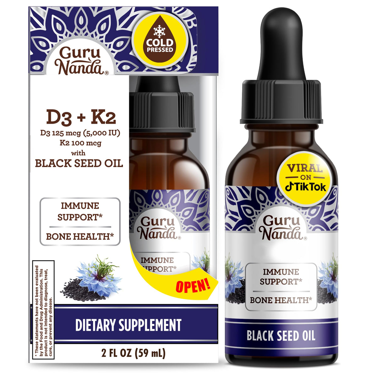GuruNanda Black Seed Oil, Cold-Pressed Nigella Sativa - Rich in Vitamin D3 5000 Units, K2 & E, High Thymoquinone | Potent Antioxidant GuruNanda