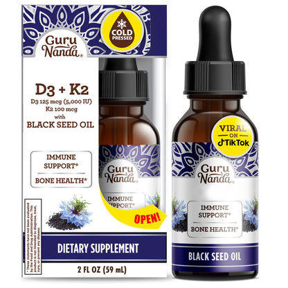 GuruNanda Black Seed Oil, Cold-Pressed Nigella Sativa - Rich in Vitamin D3 5000 Units, K2 & E, High Thymoquinone | Potent Antioxidant GuruNanda