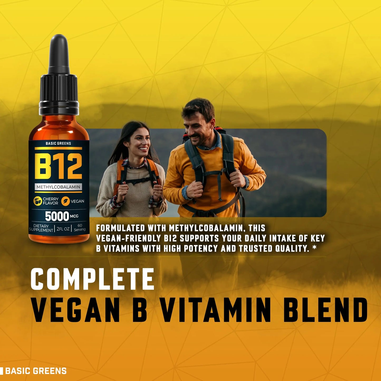 Vitamin B12 Sublingual Liquid Drops 5000 mcg – Vegan Methyl B-12 Supplement for Energy & Focus – B 12 Vitamin for Women & Men BASIC GREENS