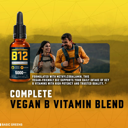 Vitamin B12 Sublingual Liquid Drops 5000 mcg – Vegan Methyl B-12 Supplement for Energy & Focus – B 12 Vitamin for Women & Men BASIC GREENS