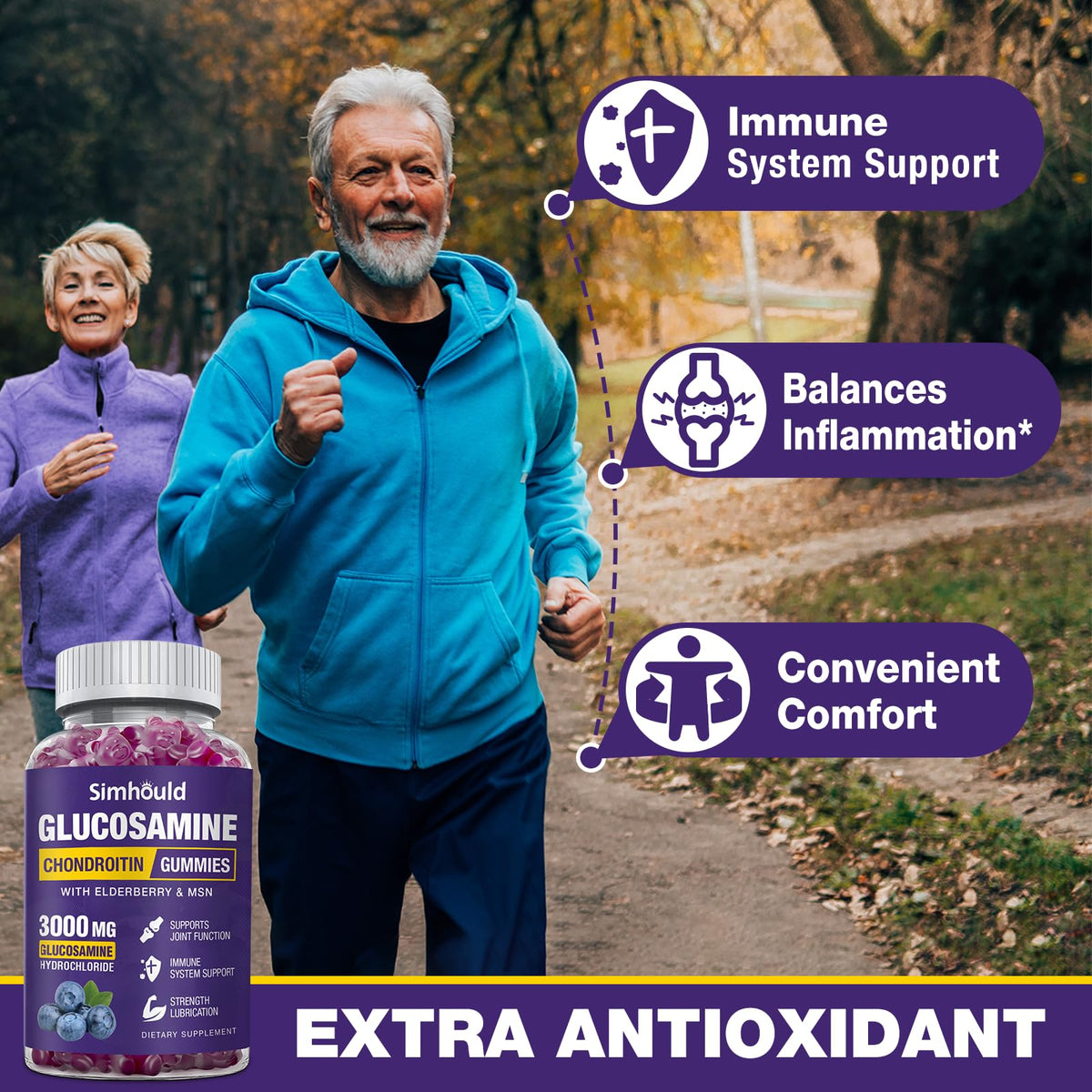 Simhould 2 Packs Glucosamine Chondroitin Gummies - 3000MG Extra Strength Joint Support Supplement with MSM & Elderberry, Flexibility, Antioxidant Immune Support Simhould