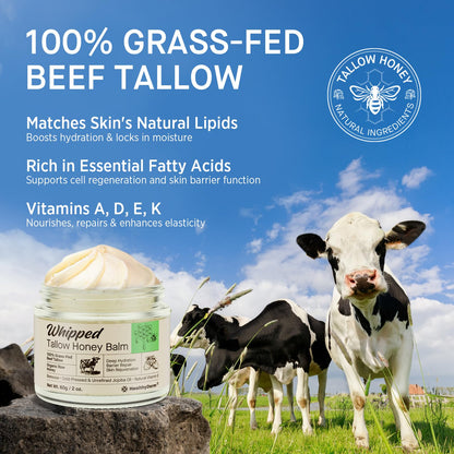 Beef Tallow Honey Balm for Skin: 100% Grass Fed Whipped Organic Moisturizer with Organic Raw Honey, Jojoba Oil, Vitamin E – Natural Face and Body Care for Mature, Dry or Sensitive Skin, 2oz HealthyDerm