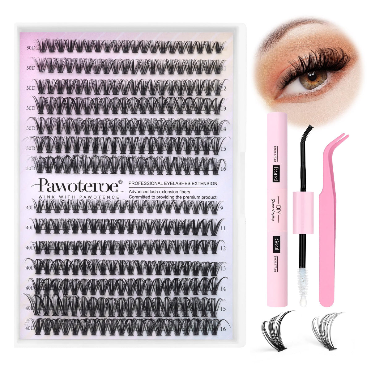 Pawotence Lash Extension Kit DIY 280pcs Lash Clusters Eyelash Extension Kit, 9-16mm 30D 40D Individual Lashes Kit with Lash Bond and Seal, Lash Tweezers for Self Use (30D&40D, 0.07D, 9-16mm, Kit) Pawotence