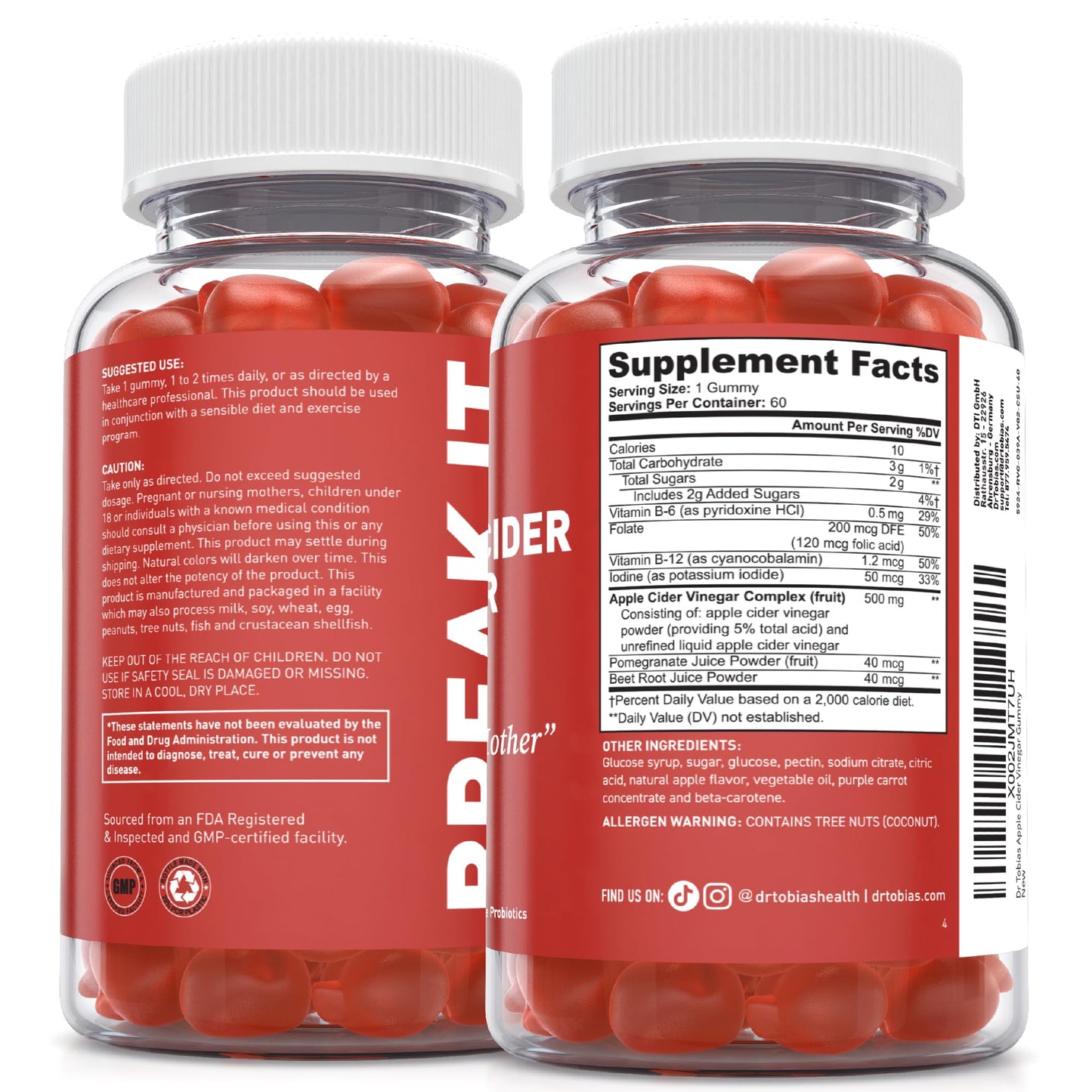 Dr. Tobias Apple Cider Vinegar Gummies with The Mother - 500mg ACV Per Serving, Plus Folate, B6, B12 & Iodine | Supports Digestive Health Gut Cleanse & Detox - Vegan (60 Gummies)