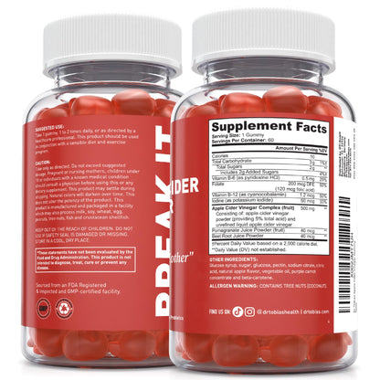 Dr. Tobias Apple Cider Vinegar Gummies with The Mother - 500mg ACV Per Serving, Plus Folate, B6, B12 & Iodine | Supports Digestive Health Gut Cleanse & Detox - Vegan (60 Gummies)