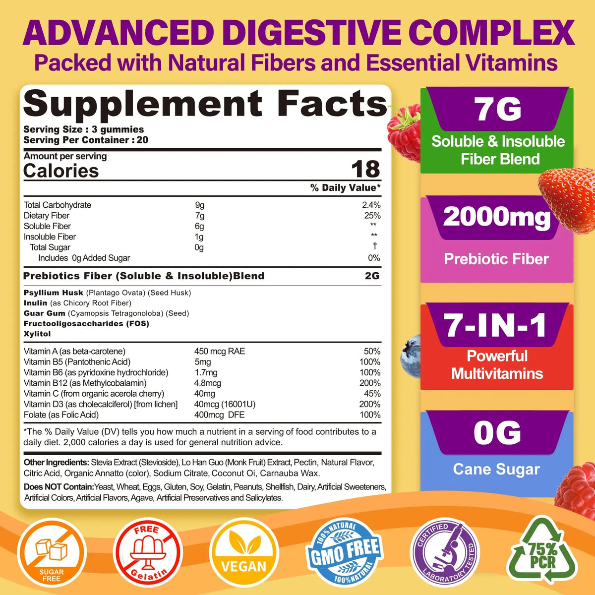 Fiber Gummies for Adults with Psyllium Husk, 7G(Soluble + Insoluble) Daily Prebiotic Fiber with Inulin, FOS, Guar Gum, Multivitamins for Daily Digestive Health, NEVISS