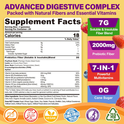 Fiber Gummies for Adults with Psyllium Husk, 7G(Soluble + Insoluble) Daily Prebiotic Fiber with Inulin, FOS, Guar Gum, Multivitamins for Daily Digestive Health, NEVISS