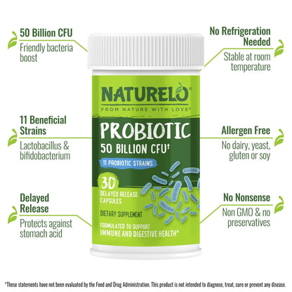 NATURELO Probiotics for Digestive Health, 50 Billion CFU, 30 Vegetarian Capsules, 11 Strains, Daily Use Supplement, Delayed Release, No-Fridge, Helps Boost Immune System, NATURELO