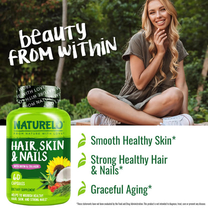 NATURELO Hair, Skin and Nails Vitamins - 5000 mcg Biotin, Collagen, Natural Vitamin E - Supplement for Healthy Skin NATURELO