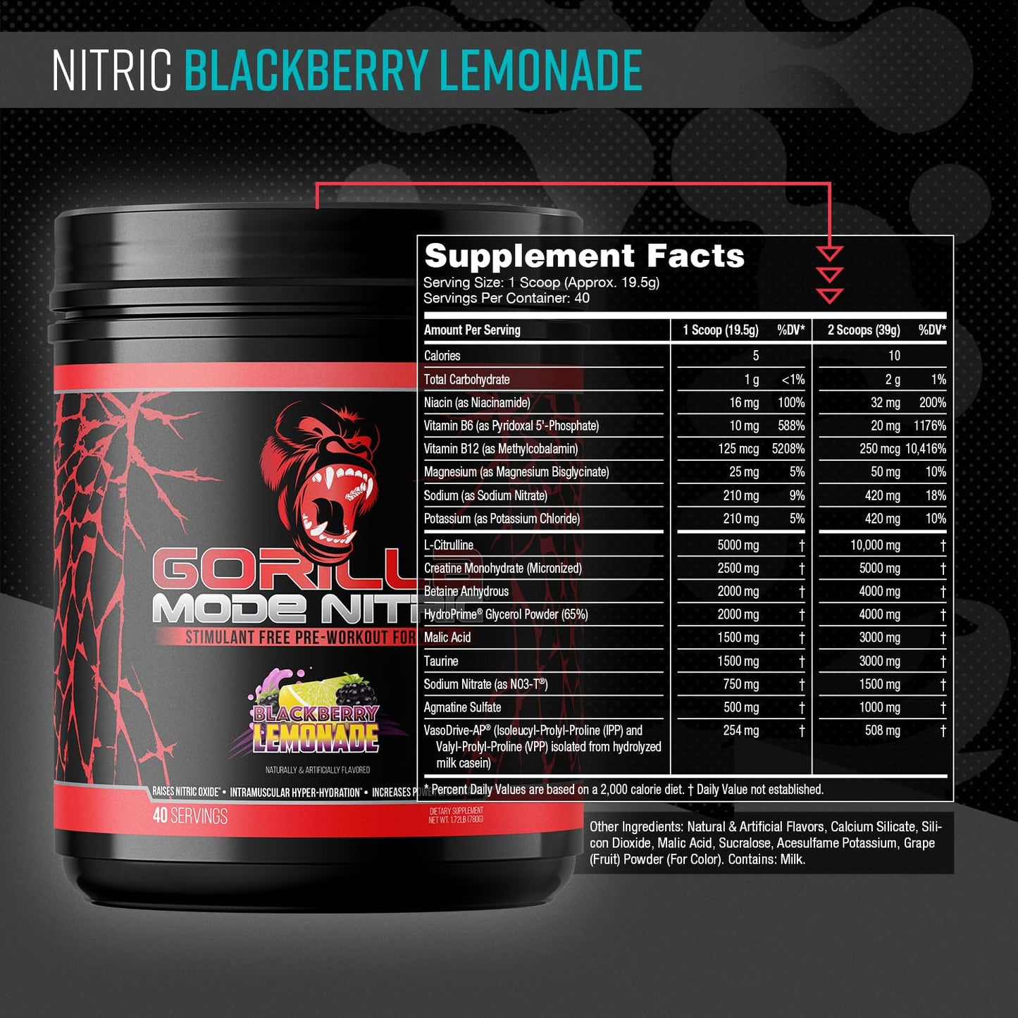Gorilla Mode Nitric Upgraded Stimulant Free Pre-Workout – Best Tasting and Most Effective Stimulant Free Pre-Workout/Massive Pumps · Vasodilation · Power / 776 Grams (Cherry Blackout)