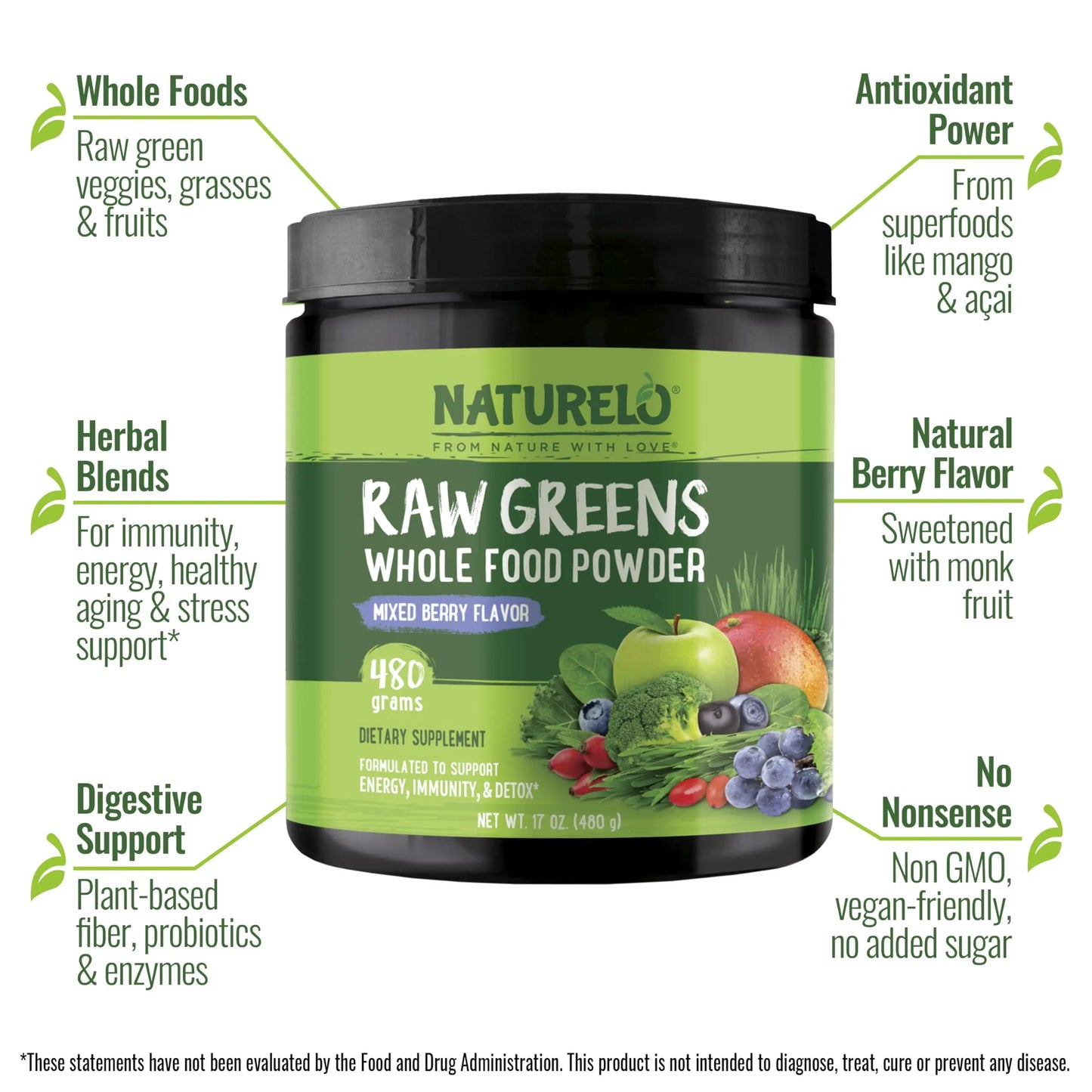 NATURELO Raw Greens Superfood Powder 480 Grams, Mixed Berry - Supports Energy, Immunity and Detox - Includes Spirulina, Wheat Grass and Organic NATURELO