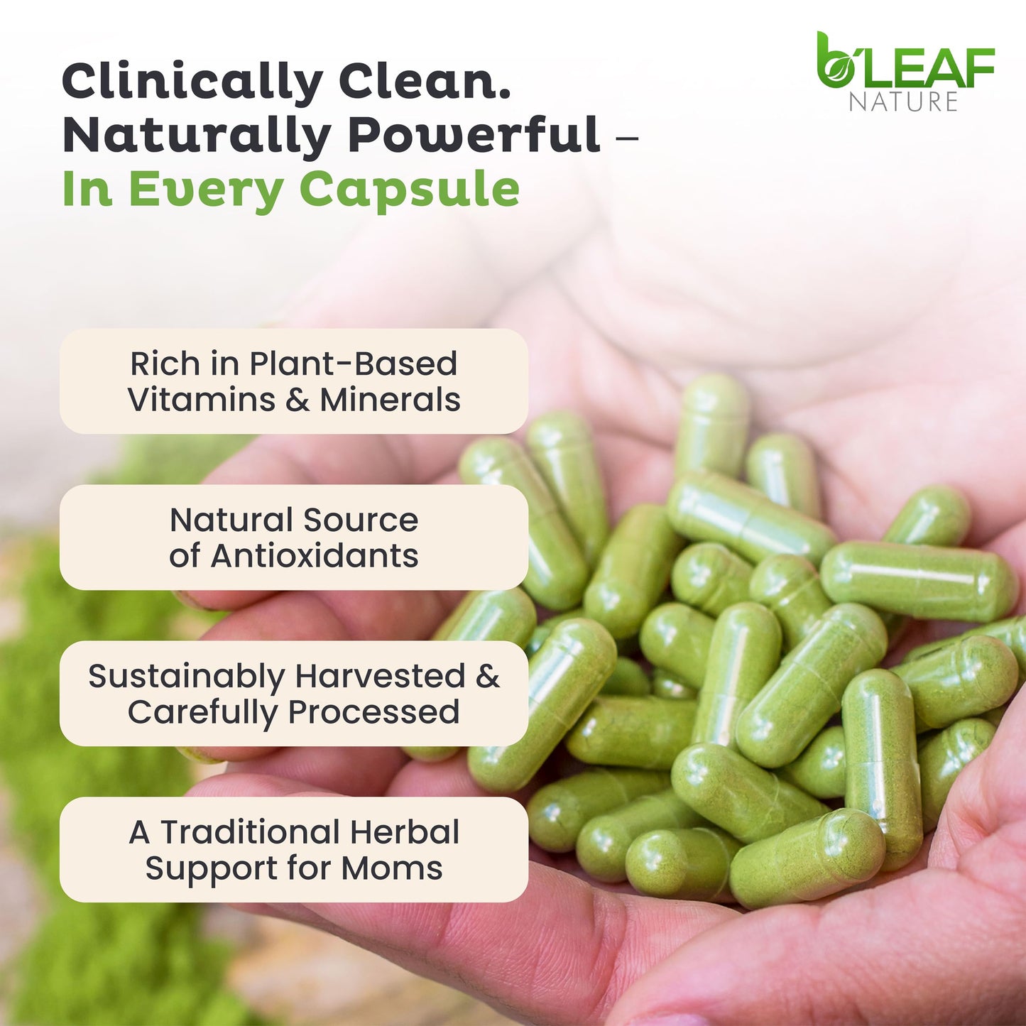 B'Leaf Nature Moringa Capsules Organic 1000mg — Pure Moringa Oleifera Leaf Powder Capsules for Energy & Immune Support B'LEAF NATURE