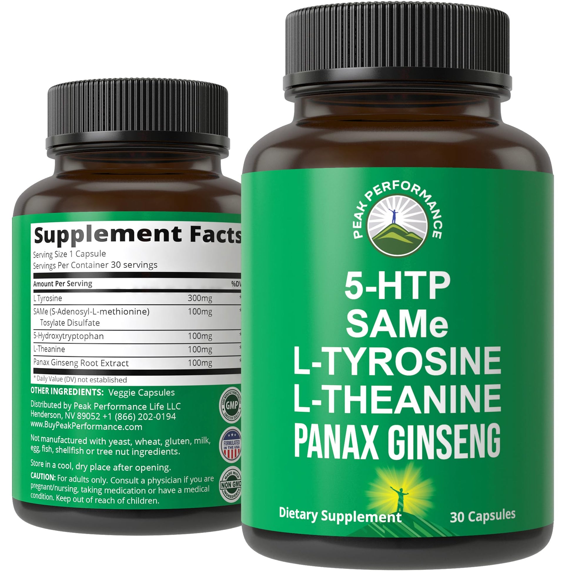 Peak Performance Mood Support Supplement with 5 Top Ingredients: 5HTP, SAM e, L Tyrosine, L Theanine, and Panax Ginseng. Calm, Focus, Relaxation Supplements. Vegan Peak Performance buy australia supplements