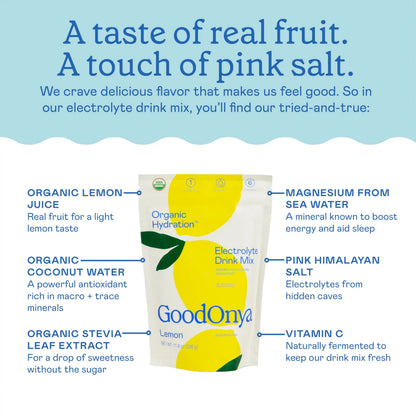GOODONYA Organic Hydration Electrolyte Drink Mix, Certified Organic Hydration Powder, Non-GMO, Biochecked Glyphosate Free, Low Sugar, Lemonade Flavor, GOODONYA