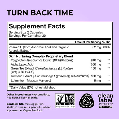 HUM Turn Back Time Turmeric Supplement for Youthful Looking Skin Support with Green Tea Extract, Lutein & Polyphenols, Skin Care Aging & Collagen Support Capsules for Even Tone, 60 Vegan Capsules