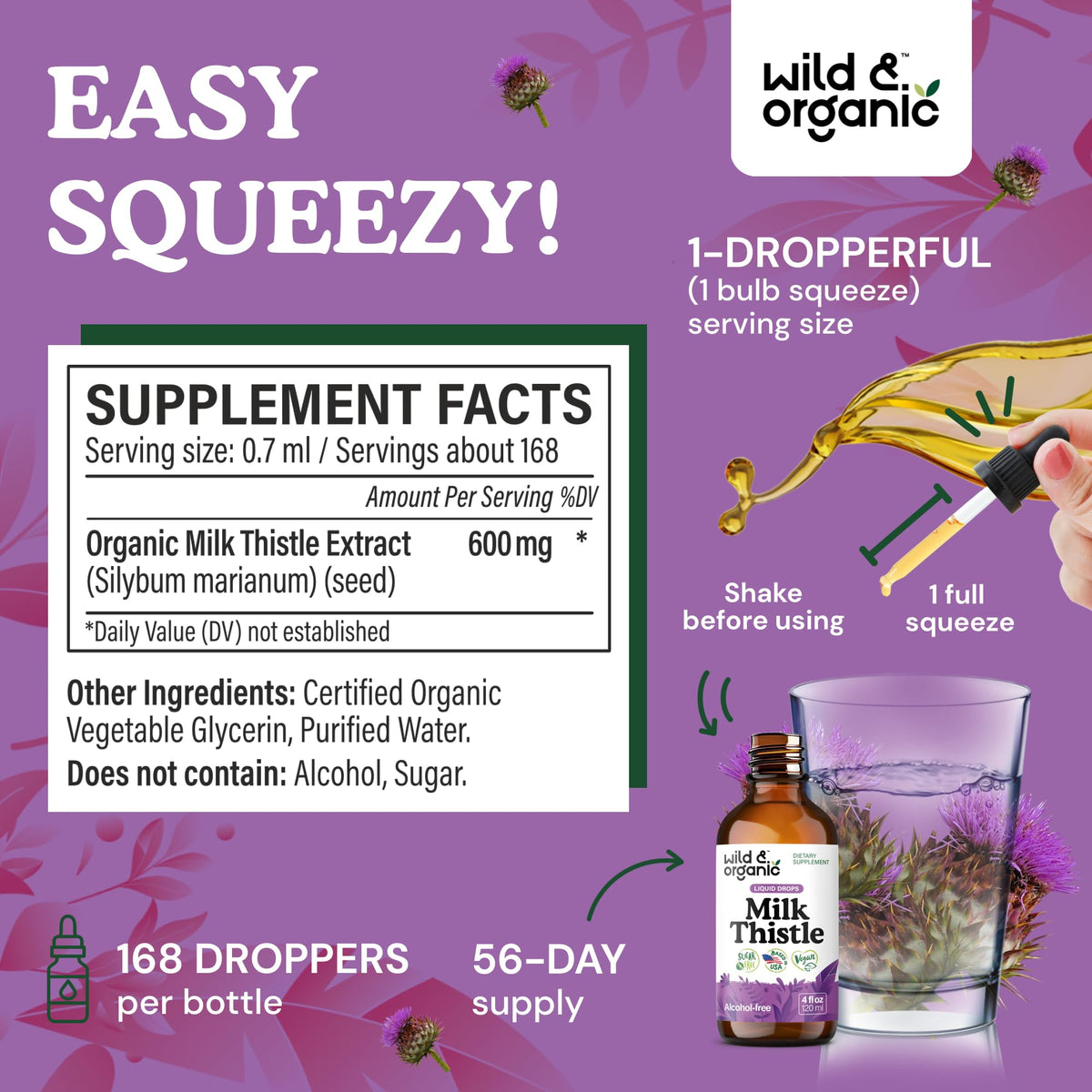 Wild & Organic Milk Thistle Liquid Drops - Liver Cleanse Detox - Silymarin Milk Thistle Supplement for Liver Support - Add to Tea - Silybum Marianum Seed Extract Tincture Wild & Organic