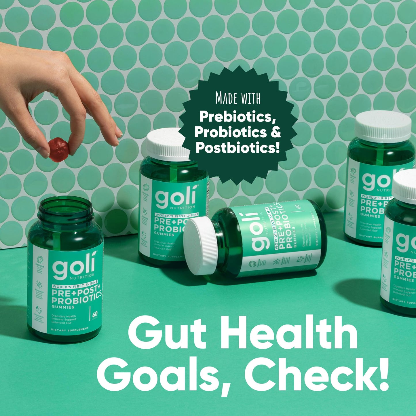 Goli Pre Pro Postbiotic Gummies - Worlds First 3-in-1 Formula with DE111 Probiotics, XOS Prebiotics, MCC1849 Postbiotics - Vegan, Non-GMO, Goli