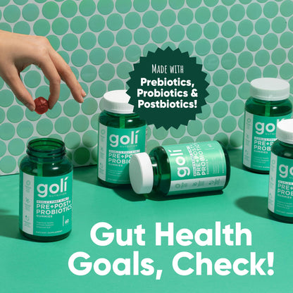 Goli Pre Pro Postbiotic Gummies - Worlds First 3-in-1 Formula with DE111 Probiotics, XOS Prebiotics, MCC1849 Postbiotics - Vegan, Non-GMO, Goli