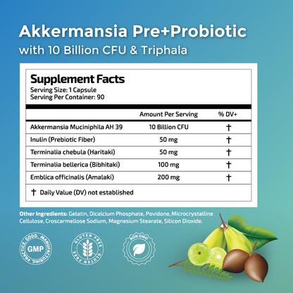Herbal Wisdom Akkermansia Probiotic 10 Billion CFU - Advanced Support, Probiotic+Prebiotic | for Gut & Metabolism Support - No Bloating | with Inulin & Triphala Herbal Wisdom
